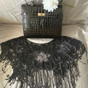 Black Crocodile Embossed Handbag and Beaded Fringe Collar Shawl